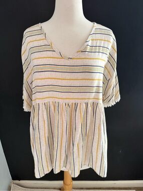 Acting Pro Cream Striped V-Neck Tunic with Mustard and Navy Large